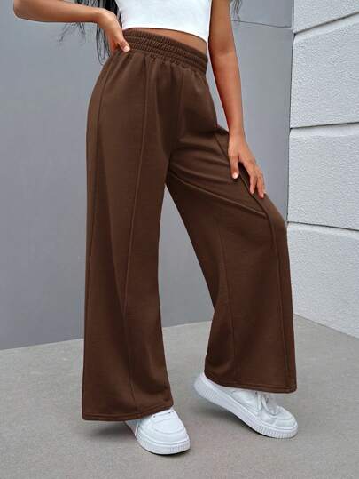 SHEIN سراويل بخط مستقيم محبوكة بلون سادة لطالبات المرحلة المتوسطة