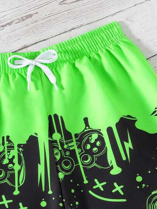 مايوه أولادي بدلة سباحة شاطئية للأطفال الصبية مطبوعة بألوان مائية، سراويل سباحة ذات وسط مطاطي مطبوعة برموز وحروف ألعاب الفيديو