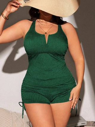 SHEIN Swim Curve امرأة بحجم كبير 2 قطعة بلون ثابت وياقة واسعة منخفضة الرقبة تغطي البطن شورت السباحة كاجوال للشاطئ والعطلات الصيفية