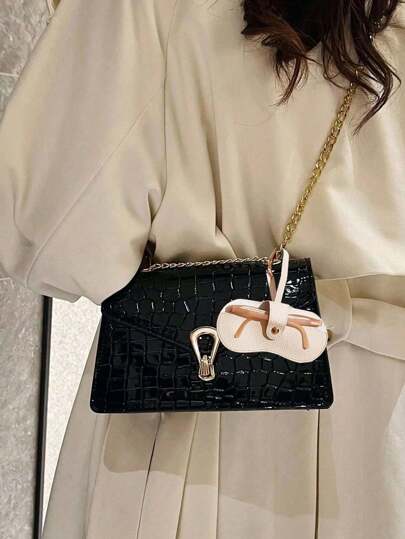 1/2 حقيبة كتف مربعة صغيرة من جلد البولي يوريثان خفيفة بسحّابة ذات طبعة التمساح، للاستخدام اليومي أو الجامعة، مناسبة للفتيات المراهقات والنساء