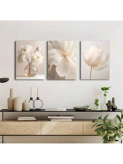 1 قطعة / 3 قطع من اللوحات الجدارية، ملصقات حديثة بوتانية بوهيمية بيج وأبيض للزهور والنباتات، طباعة على قماش لديكور المنزل وغرفة المعيشة وغرفة النوم والمكتب والسكن الطالبي،تصميم لوحات هدايا مبتكرة بدون إطار