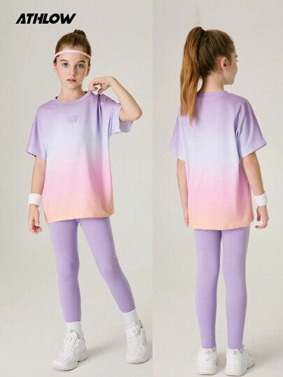 SHEIN مجموعة مكونة من قطعتين للبنات المراهقات: بلوزة + سروال اليوغا وبنطلون رياضي، بتصميم ملون محيك ومرن، أزياء رياضية عصرية للجامعة والشارع