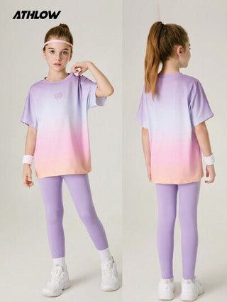 SHEIN مجموعة مكونة من قطعتين للبنات المراهقات: بلوزة + سروال اليوغا وبنطلون رياضي، بتصميم ملون محيك ومرن، أزياء رياضية عصرية للجامعة والشارع