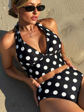 طقم تانكيني حريمي Swim Vcay مجموعة ملابس سباحة تنكيني بخصر مرتفع بتصميم عنق خطاف على شكل V وطباعة نقاط للمرأة للصيف والشاطئ والعطلات