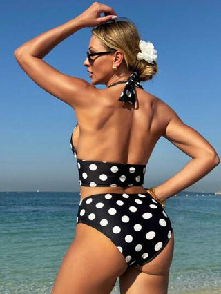 طقم تانكيني حريمي Swim Vcay مجموعة ملابس سباحة تنكيني بخصر مرتفع بتصميم عنق خطاف على شكل V وطباعة نقاط للمرأة للصيف والشاطئ والعطلات
