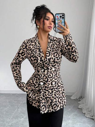 Frenchy معطف بلايزر مزدوج الصدر بطبعة نمر للمرأة