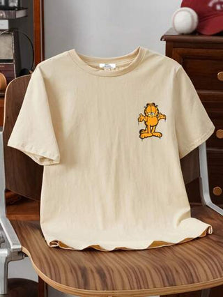 GARFIELD X SHEIN بلوزة كاجوال قصيرة الأكمام للفتية المراهقين مع طباعة قطة كرتونية وحروف، موضة الصيف
