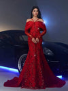 Glamrae فستان رسمي أنيق للعشاء بتصميم ملائم للاحتفالات والسهرات، بأكمام طويلة وياقة على الكتفين مع وشاح خلفي كبير, تصميم ذيل سمكة ولمعان من القماش الساتان مرصع بترتر أحمر رائع مناسب لرأس السنة، حفلات الزفاف والضيوف