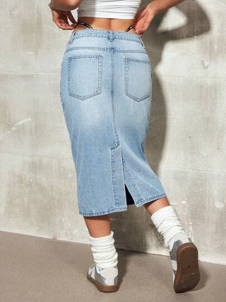 EZwear تنورة وسط من الجينز المغسول منخفضة الخصر للنساء, كاجوال