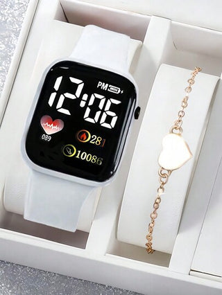 2 قطعة/طقم: 1 قطعة ساعة رقمية بشكل قلب ومربع كرتوني + 1 قطعة سوار بشكل قلب، هدايا عيد الحب، عيد الميلاد، التخرج، للاثنين