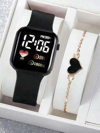 2 قطعة/طقم: 1 قطعة ساعة رقمية بشكل قلب ومربع كرتوني + 1 قطعة سوار بشكل قلب، هدايا عيد الحب، عيد الميلاد، التخرج، للاثنين