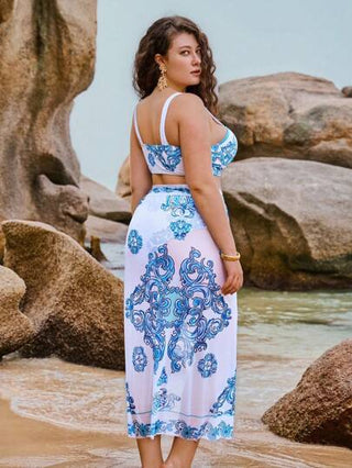 Swim Oasis بكيني مطبوع بزهور مع حمالة ذات دعامة + تنورة غطاء للصيف المقاسات الكبيرة