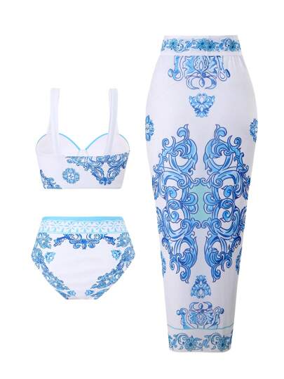 Swim Oasis بكيني مطبوع بزهور مع حمالة ذات دعامة + تنورة غطاء للصيف المقاسات الكبيرة