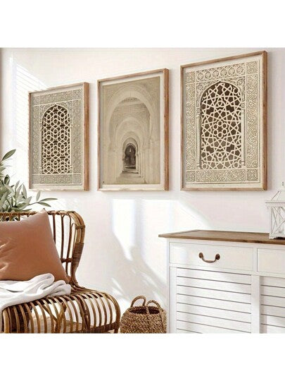 مجموعة 3 قطع من لوحات الفن الجداري الإسلامي ذات طراز قديم على شكل قماش، ملصق ديكور جداري للأديرة، ديكور غرف المعيشة، غرف النوم، المكاتب - هدية مثالية للمنزل والمقاهي المسلمة. إطار اختياري