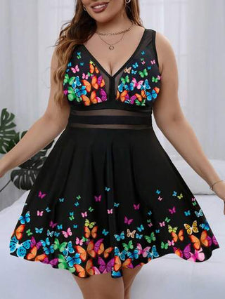 Swim Lushoire طقم بكيني للسيدات ذات الحجم الكبير قطعتين مطبوع بزهور رقبة على شكل حرف V، تحكم في البطن، أنيق للصيف