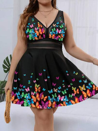 Swim Lushoire طقم بكيني للسيدات ذات الحجم الكبير قطعتين مطبوع بزهور رقبة على شكل حرف V، تحكم في البطن، أنيق للصيف