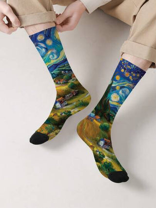 زوج جوارب يونيسكس مطبوعة بتصميم ثلاثي الأبعاد و360 درجة لرسوم الفنان فان جوخ، جوارب مريحة وقابلة للتنفس وعصرية مزينة برسوم كرتونية، مناسبة لهدايا الأعياد والعطلات، جوارب فريدة ومثيرة للاهتمام