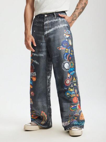 INFLATION بناطيل رجالية كاجوال سراويل ذات تأثير ستراي جينز مطبوعة مع جيب أمامي وأزرار