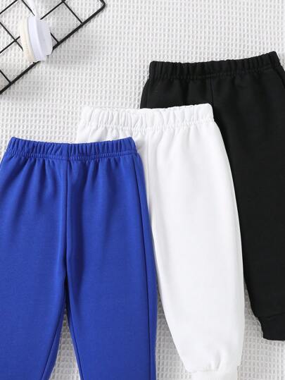 3 قطع بناطيل كاجوال للأطفال الذكور بتصميم جميل وألوان واحدة (أسود وأبيض وأزرق) وبطباعة كلب، مناسبة لفصلي الربيع والخريف