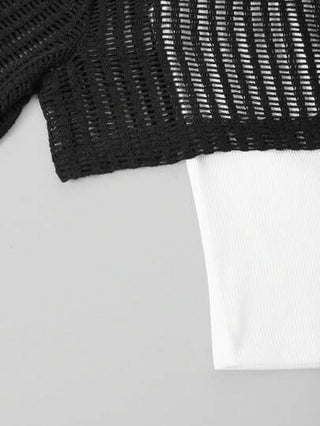 ملابس بناتي بلوزة تي شيرت بأكمام طويلة للبنات المراهقات مع تصميم لحاقي من الشبك والكشكشة