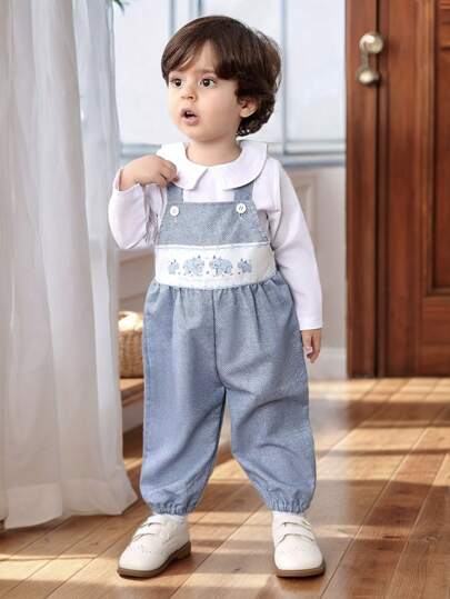 Souflis Souflis بنطلون تعليق مطبوع برسمة وحيد القرن جميلة لصبي رضيع، مع قميص أبيض، إطلالة جنتلمان، خيار ملابس مريح وممتع للخروجات اليومية أو أحداث التصوير والحفلات