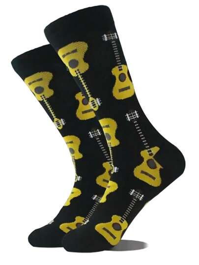 زوج من الجوارب المتوسطة الطول بنمط جيتار كرتوني يناسب الجنسين، مناسبة للرجال للاستخدام في الخارج - تنفس وراحة، مثالية للمغامرات اليومية والسفر والمناسبات والأعياد والعطلات، هدية مميزة لمن تحب، جوارب عصرية