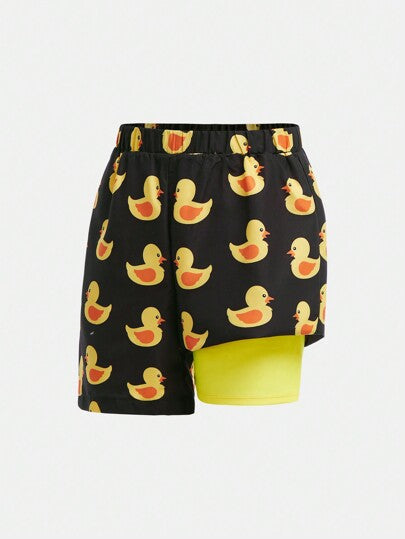 مايوه أولادي صبيان المراهقين شورت كاجوال على شكل بط مطبوع ذو خصر مريح وبطانة نسيج متماسك، قصة ضيقة لتسلل على الشاطئ وسباحة