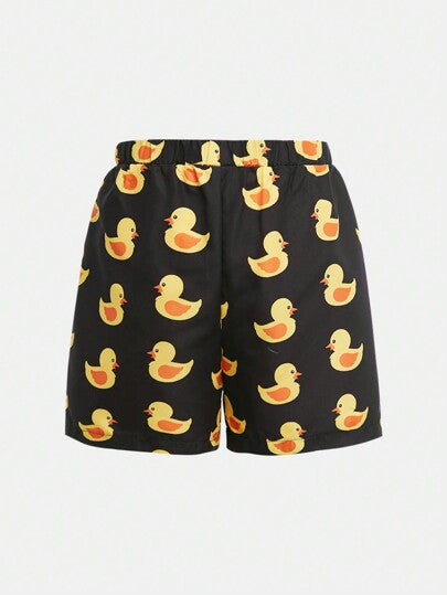 مايوه أولادي شورت بشكل بناطيل سباحة للأولاد مناسبة للسفر والاصطياف والسباحة والرياضة، بنقشة بطة كاجوال، نسيج ضيق معالج بقطع مختلفة وملون بلون أحادي، بغطاء داخلي معتدل