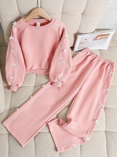 تيشيرتات بناتي مجموعة بنطلون وبلوزة رياضية بياقة مستديرة بطباعة قلب للفتيات المراهقات 2 قطعة/مجموعة، مريحة وكاجوال