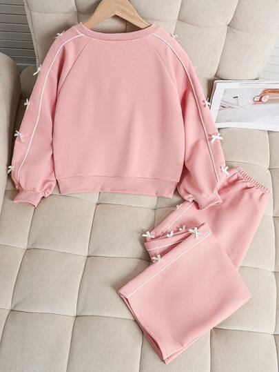 تيشيرتات بناتي مجموعة بنطلون وبلوزة رياضية بياقة مستديرة بطباعة قلب للفتيات المراهقات 2 قطعة/مجموعة، مريحة وكاجوال