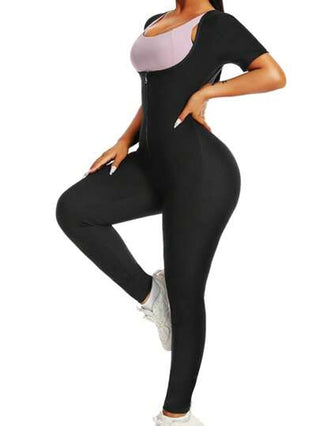 جمبسوت سونا قصيرة الأكمام بسحاب للنساء ذوات الحجم الكبير، للربيع/الصيف ، جمبسوت سونا ، جمبسوت يوغا ، جمبسوت ملابس رياضية ، مناسبة للركض والتمارين الهوائية واليوغا والياقة البدنية