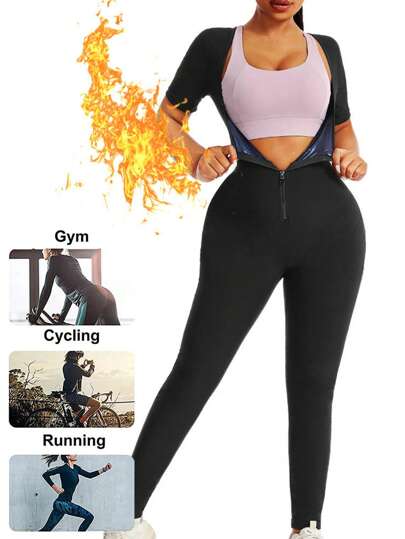 جمبسوت سونا قصيرة الأكمام بسحاب للنساء ذوات الحجم الكبير، للربيع/الصيف ، جمبسوت سونا ، جمبسوت يوغا ، جمبسوت ملابس رياضية ، مناسبة للركض والتمارين الهوائية واليوغا والياقة البدنية