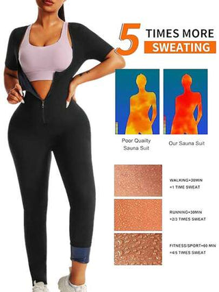 جمبسوت سونا قصيرة الأكمام بسحاب للنساء ذوات الحجم الكبير، للربيع/الصيف ، جمبسوت سونا ، جمبسوت يوغا ، جمبسوت ملابس رياضية ، مناسبة للركض والتمارين الهوائية واليوغا والياقة البدنية