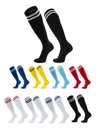 زوج جوارب كرة قدم طويلة تصل للركبة للأطفال، جوارب أنبوبية رياضية مخطط، مناسبة للأولاد والبنات من عمر 2-6 سنوات و 8-12 سنة