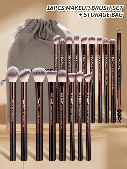 MAANGE 18 قطعة من فرش المكياج الاحترافية من الألومنيوم مع حقيبة مخملية، فرشاة تمييع ناعمة وفرشاة المخفية وفرشاة تنظيف وفرشاة أساس وفرشاة تحديد وفرشاة ظل العين وفرشاة مزج وفرشاة الحواجب والرموش، أدوات مكياج لين والصديقة للبشرة للحمل السهل، فرشاة...