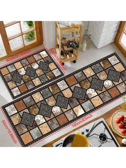 قطعة واحدة حصيرة مطبخ سيليكون ذات نمط هندسي حجري قديم، ماصة للماء مانعة للانزلاق ومقاومة للتلوث - مناسبة لديكور الحظيرة والممرات والمطبخ وغرف الطعام والمكاتب الصغيرة المنزلية وأماكن المغاسل