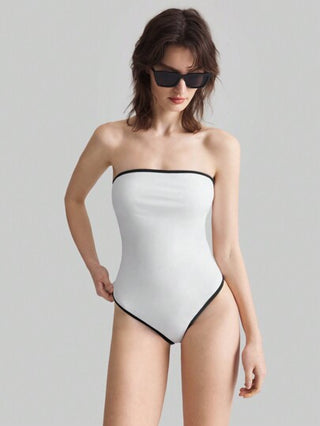 مايوه حريمي قطعة واحدة Ontre بدلة سباحة أنيقة أبيض وأسود بي 2025 وصول جديد للربيع، بكتفين محددة ، ملابس نمطية عتيقة