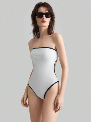مايوه حريمي قطعة واحدة Ontre بدلة سباحة أنيقة أبيض وأسود بي 2025 وصول جديد للربيع، بكتفين محددة ، ملابس نمطية عتيقة