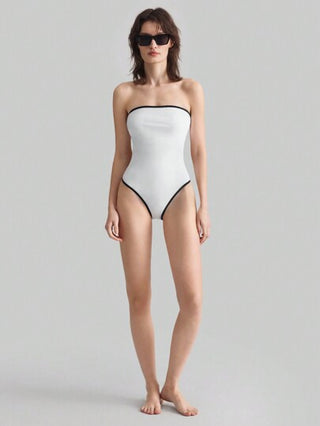 مايوه حريمي قطعة واحدة Ontre بدلة سباحة أنيقة أبيض وأسود بي 2025 وصول جديد للربيع، بكتفين محددة ، ملابس نمطية عتيقة