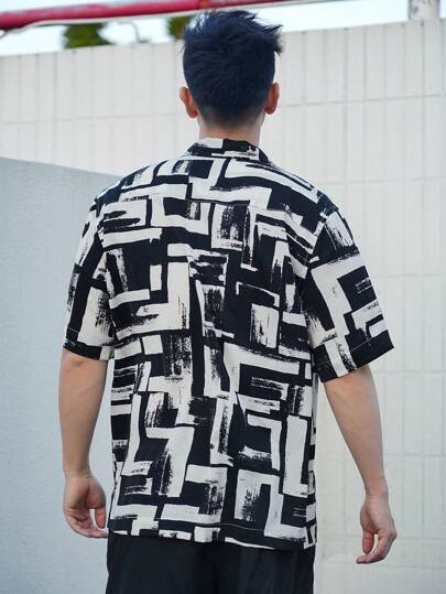 DAZY قميص رجالي بأكمام قصيرة وطباعة هندسية للعطلات والشاطئ والصيف
