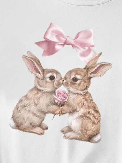 SHEIN تي شيرت قصير الأكمام كاجوال للبنات المراهقات بطبعة أرنب وفيونكة