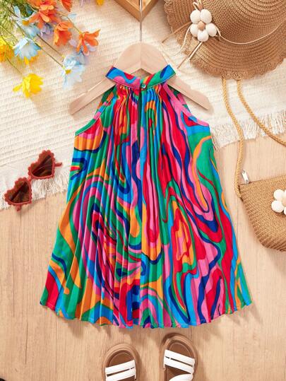 فساتين بيبي فستان صيفي مخمل لطفلة رضيعة بحمالات ملونة مكرر الطيات مناسب للعطلات