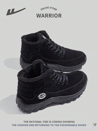 WARRIOR زوج من بوت الثلج ذات الرباط من الصوف للرجال، بوت شتوية سميكة دافئة مع أربطة، ذات قاع مقاوم للانزلاق وتصميم رياضي عالي الرقبة