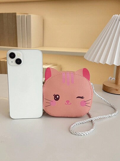 قطعة واحدة محفظة صغيرة من البولي يوريثان مغلقة بسوستة ذات تصميم كرتوني على شكل قطة تغمز بعينها، حقيبة كروس شكل دائري، حقيبة كورية صغيرة لخروجات، تصميم نادر، حزام كتف مريح ومتعدد الاستخدامات، مناسبة للخروجات اليومية والمناسبات، خيار جيد للهدايا