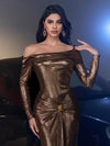 Glamrae فستان سهرة ماكسي مذنب فاخر وأنيق من قماش مطاطي مع عنق مكشوف وزخرفة معدنية ثلاثية الأبعاد بتصميم فرنسي رومانسي، مناسب لحفلات الزفاف وحفلات المناسبات الرسمية