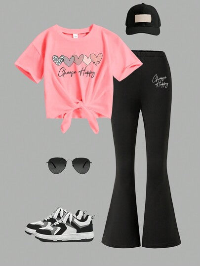 تيشيرتات بناتي طقم تاب أكمام قصيرة وبنطلون أسود ضيق مرن ذو طبعة كرتونية للفتيات المراهقات