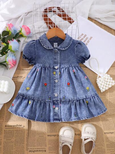 فساتين بيبي قطعة واحدة فستان جينز طفولي لطيف للبنات مطرز بنقوش الزهور، مناسب للأنشطة الخارجية والراحة في المنزل وحضور الحفلات (توزيع نقوش الزهور عشوائي)