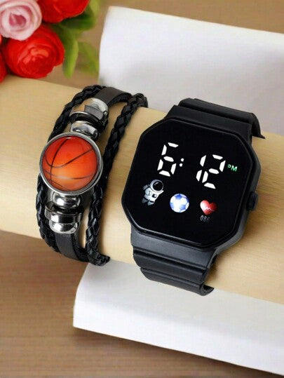 مجموعة من 2 قطع: ساعة رقمية LED + 1 سوار رياضي (كرة قدم/كرة سلة/ريشة/كرة طائرة/بيسبول) مدبب ، تصميم بسيط ، سوار هدية تذكارية إبداعية للمعجبين بالرياضة ، رواد الفضاء ، كرة القدم ، كرة السلة ، قلب