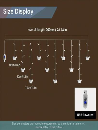 زينة بفراشات 1 قطعة، أضواء جنية بأطوال 2 متر/ 78.7 بوصة و48 مصباح LED، ب-8 أوضاع إضاءة مع جهاز تحكم عن بعد، زينة معلقة للفراشات للغرفة والحديقة والجدار والسقف ولحفلات الزفاف والأعياد والميلاد