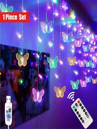 زينة بفراشات 1 قطعة، أضواء جنية بأطوال 2 متر/ 78.7 بوصة و48 مصباح LED، ب-8 أوضاع إضاءة مع جهاز تحكم عن بعد، زينة معلقة للفراشات للغرفة والحديقة والجدار والسقف ولحفلات الزفاف والأعياد والميلاد